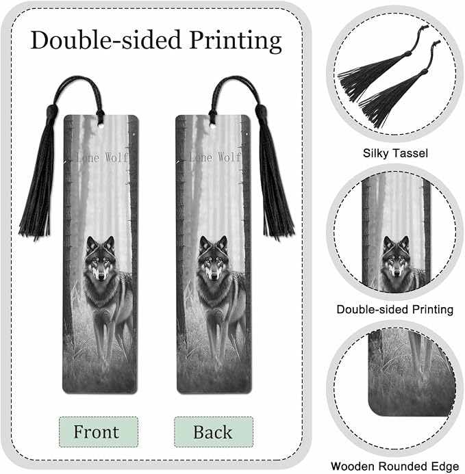 Lone Wolf 5 Pcs Bookmarks Animal Wooden Bookmarks with Tassel for Students Reader Teachers Book Lovers