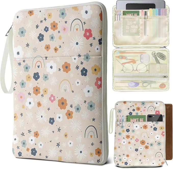 Rainbow Book Sleeve Pouch with Zipper, Paperback Book Protector Case,PU Leather Waterproof Book Pouch,Cute Floral Print Travel Book Carrying Case for Book Lovers Women,Book Cover for Hardcover