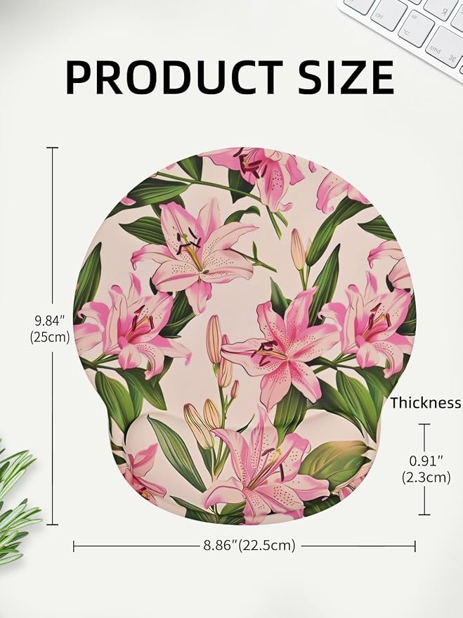 Lily Floral Mouse Pad Wrist Support Wrist Rest, Flower Ergonomic Mouse Pad with Non-Slip Base for Office Gaming Working Computers,Desk Accessories Pain Relief Mouse Mat, Green