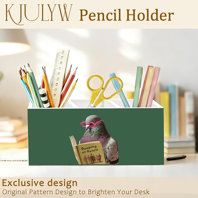 Funny Pigeon Pen Holder for Desk, Pigeon Lover Gifts, Humorous Bird Reading Book Wooden Box Toothbrush Holder Organizer for Bathroom Toilet Desk Accessories
