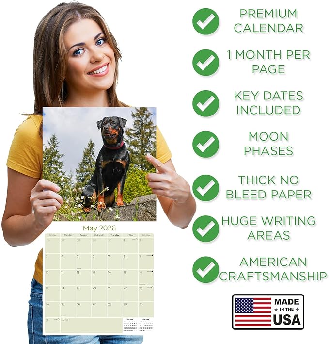 Rottweiler Calendar 2026 by MegaCalendars – Monthly Dog Breed Wall Calendar, Made in USA