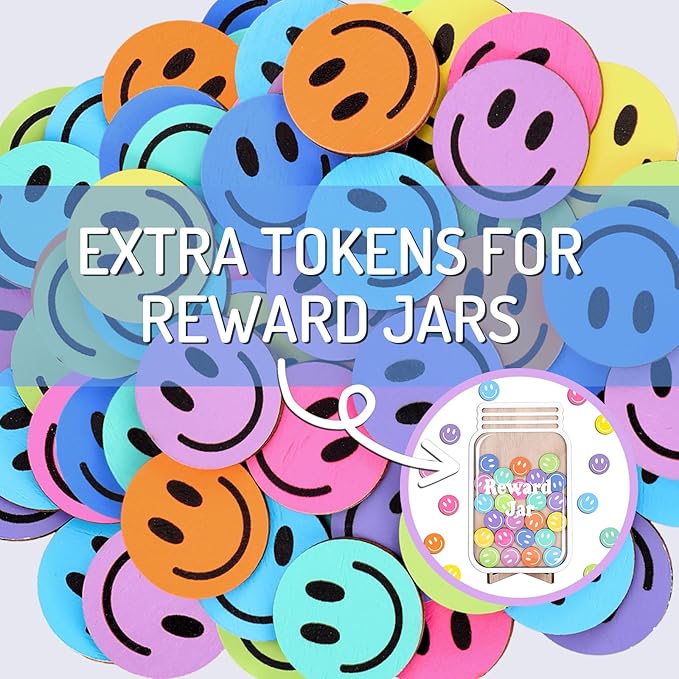 JarThenaAMCS 45 Pcs Smile Extra Tokens for Reward Jar Colorful Happy Face Wooden Cutouts with Linen Pocket 9 Colors Wooden Tokens for Back to School Student Teacher Home Classroom