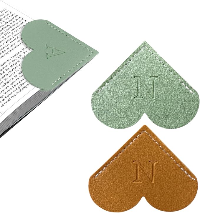 2Pcs Personalized Leather Heart Bookmark with Initial, 26 Letters Custom Corner Page Book Mark for Reading Women, Book Lovers, Teachers, Students, Cute Book Accessories Gifts(Green+Light Brown, N)