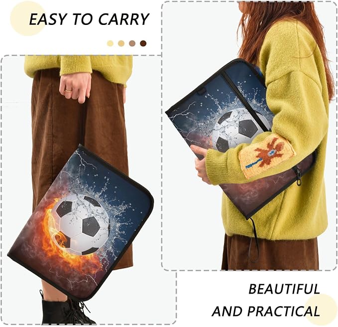 Expanding File Folder Soccer Water Fire Football Accordion File Organizer 13 Pockets Document Organizer with Zipper Labels A4 Letter Office Storage