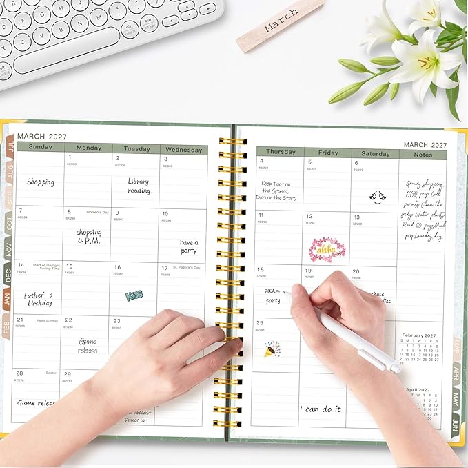GuassLee 2026-2027 Academic Planner, Weekly and Monthly Planner from July 2026-June 2027, 8.4"x 6.1" Aesthetic Greenery Agenda Book with Back Pocket, Stickers, Coated Tabs, A5 Size