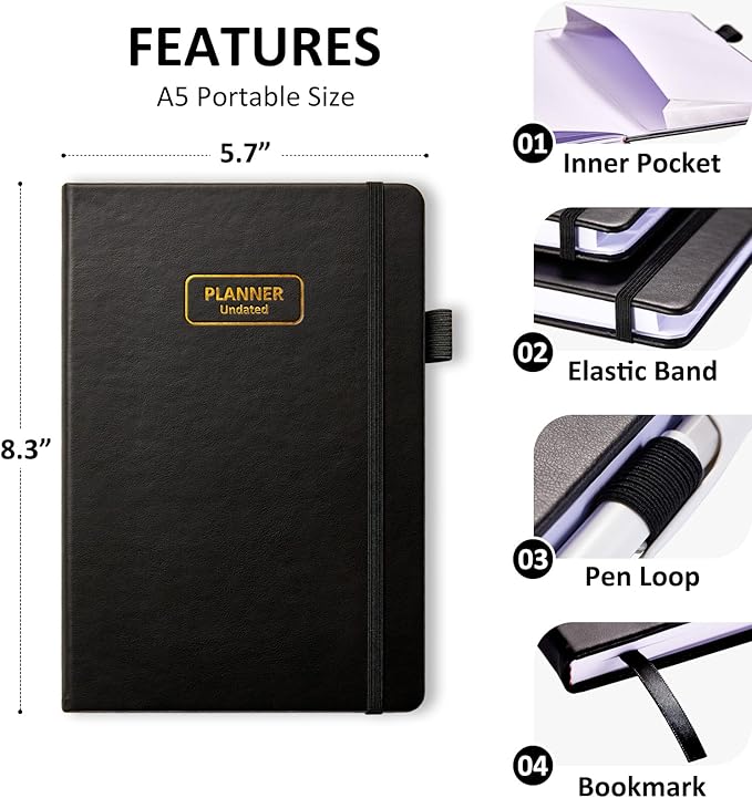 Comkiso Undated Weekly and Monthly Planner with Adhesive Tabs, A5 Dateless Academic Planner for Women & Men Daily Planning, Hardcover Leather All In One Planner for Home School Work Organizer (Black)