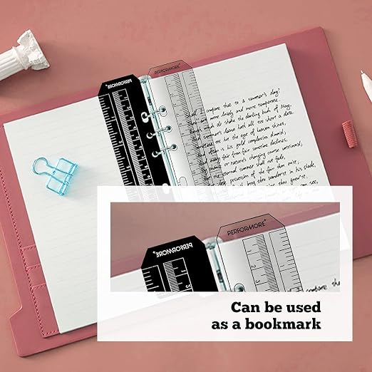 Performore 7 Holes Snap-in Bookmark Ruler | 8 Inch (20cm) Dual-Sided Measuring Tool | Fits A5 Notebooks & 5.5-Inch Binders | Black and Transparent Rulers