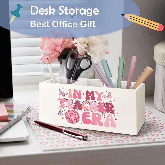 SNNDER Teacher Pencil Holder, Teacher Gifts for Women, Teacher Appreciation Gifts, in My Teacher Era Wooden Pen Pencil Holder Organizer for Home Office Desk Accessories