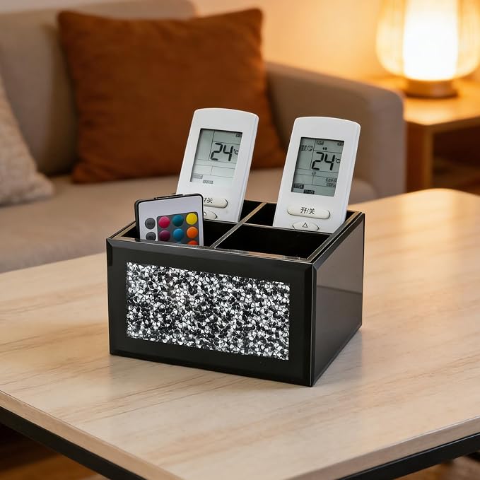 Black 360 Rotating Remote Control Holder, Crushed Diamond TV Remote Controller Holder for Table, Desk Organizer for Pens and Pencils, Make Up Brushes, Remote Caddy Storage