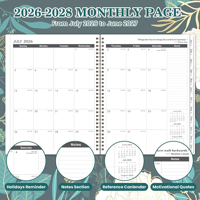 2026-2028 Monthly Planner - 2 Year Monthly Planner/Calendar 2026-2028, July 2026 - June 2028, 11" x 9", 24 Months, Tabs, Back Pocket, Holidays, Twin-Wire Binding, Note Pages