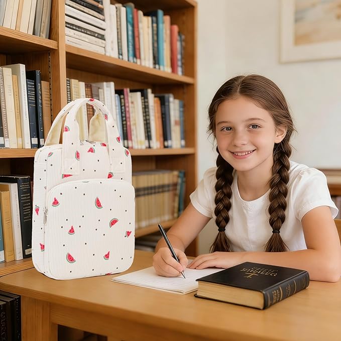 DSIUE Kids Bible Cover Case Gilrs Corduroy Bible Carrying Case Book Holder/Carrier/Bag with Handle and Pockets, Watermelon Beige