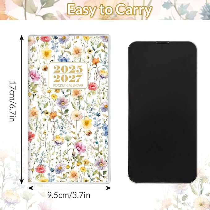 KONVINIT Pocket Calendar 2025-2027, Floral 2025-2027 Monthly Planner - 3.7" x 6.7" - Runs from July 2025 Until December 2027, 2026 Pocket Calendar with PVC Cover for Student, Women, Office Supplies