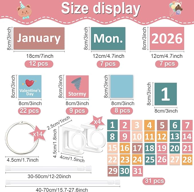 96 Cards Classroom Bulletin Board Decorations Set for Teachers,Flip Calendar with Holder for Classroom,Adjustable Calendar,Preschool Elementary Home Decor Supplies（Pink and Green）