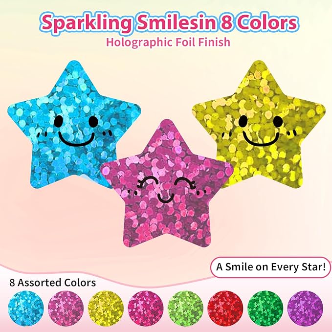 1000Pcs Smiley Face Star Stickers - 1 Inch Glitter Sparkly Reward Stickers, 8 Colors Self-Adhesive Foil Decals for Kids, Teacher Classroom Supplies, Planners, Scrapbooking & DIY Crafts