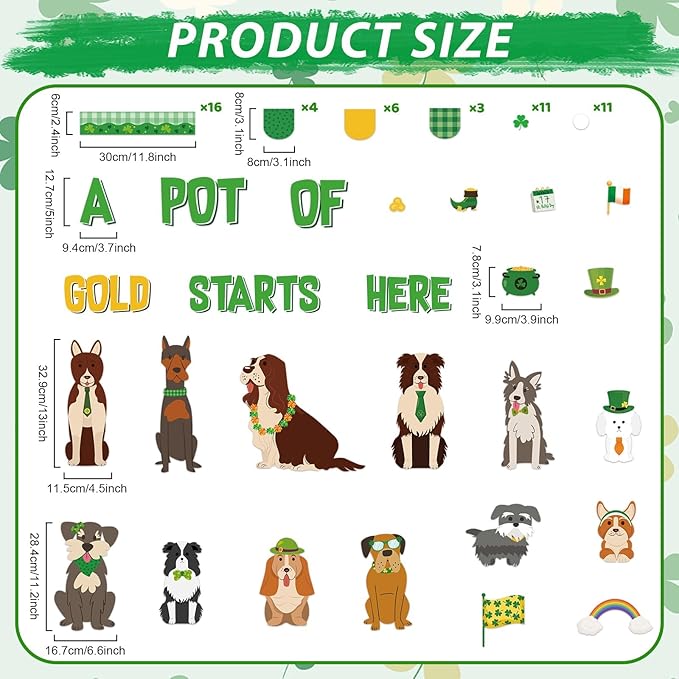 St.Patrick's Day Pet Dog Bulletin Board Set Puppy Classroom Decoration Lucky Shamrock Clover Gold Coin Cute Dog Bulletin Board St. Patricks Cutouts for Irish Home Classroom Chalkboard Wall Decor