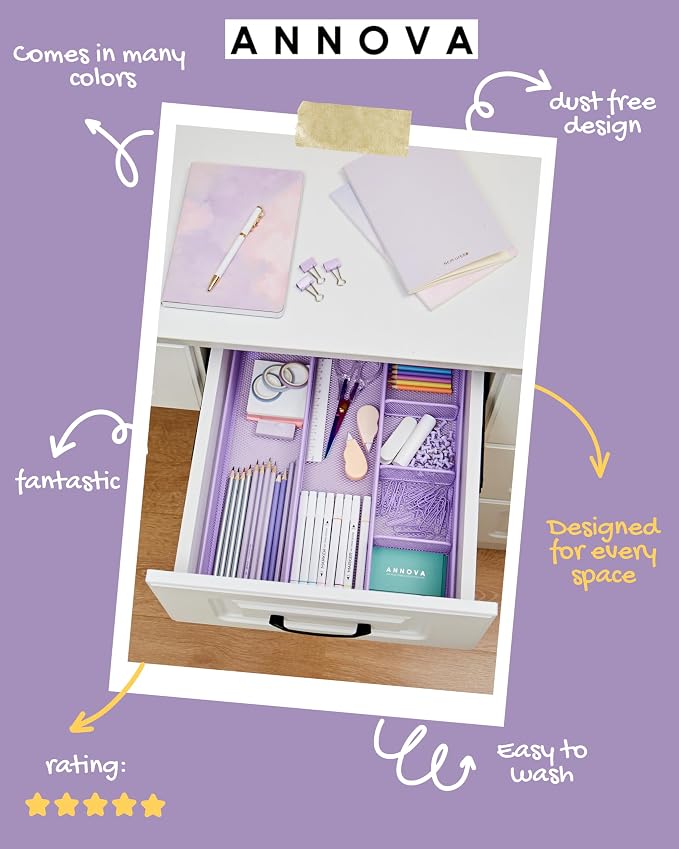 Annova Desk Top Organizer/Storage Tray - Metal Mesh with Dividers for Pens, Desktop Accessories, Bathroom, Kitchen, Makeup and Office Supplies (Large, Light Purple)