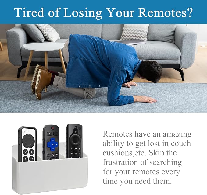 Remote Control Holder, White, 2 Packs | 3 Slot Wall Mount, Self Adhesive, For TV Remote Marker Pen, Home Office School Storage