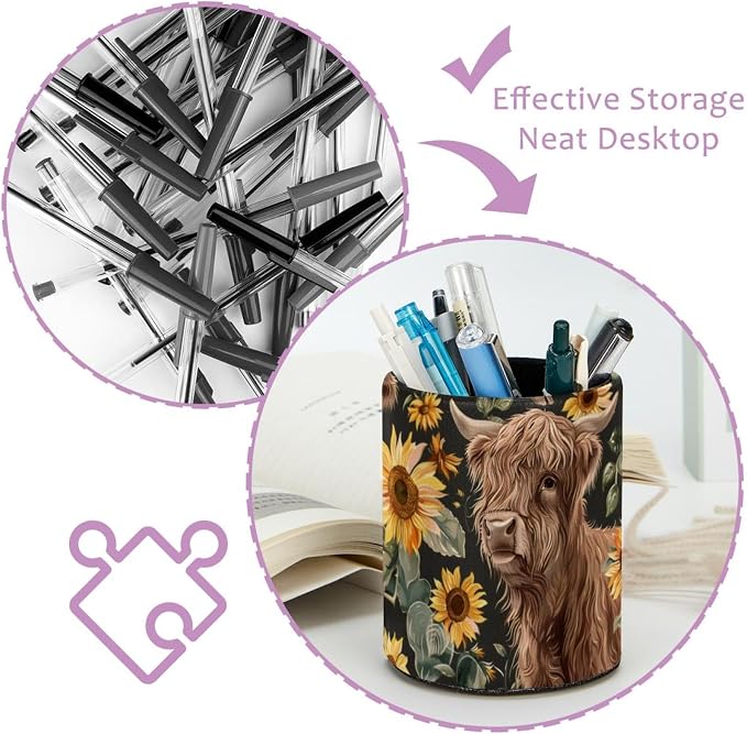 Pen Holder for Desk, Highland Cow Sunflowers Pencil Holder Desk Organizer, Large Capacity Pen Cup Makeup Brush Holders Desktop Office Supplies Storage Organizer