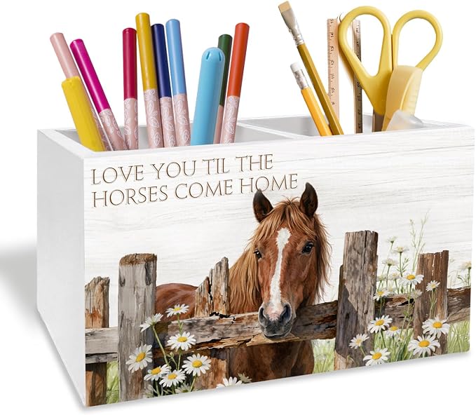 Farmhouse Daisy Horse Pen Holder for Desk, Horse Lover Gifts Pencil Organizer, Love You Til the Horses Come Home Wooden Box Sign Desk Decor for Kids Girls Room Nursery Decoration