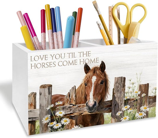 Farmhouse Daisy Horse Pen Holder for Desk, Horse Lover Gifts Pencil Organizer, Love You Til the Horses Come Home Wooden Box Sign Desk Decor for Kids Girls Room Nursery Decoration