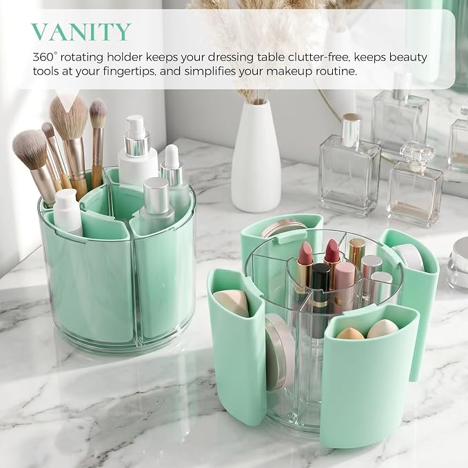 KONVINIT Green Pen Holder for Desk, 5 Slots 360° Rotating Pen Organizer, Cute Desk Organizers and Accessories for School, Home, Office and Art Supply