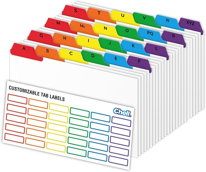 Chell 5x8 Index Card Dividers, Heavyweight A-Z Tabbed Guides, 110 lb. Cover Weight, with Blank Stickers, 1 Set