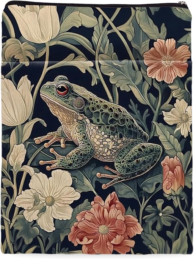 Vintage Flower Frog William Morris Book Sleeve for Book Lovers, Bookish Book Protector with Zipper, Washable Fabric Book Cover for Paperbacks & Hardcovers,11.4 x 9.1Inches (Green-Frog, Medium)