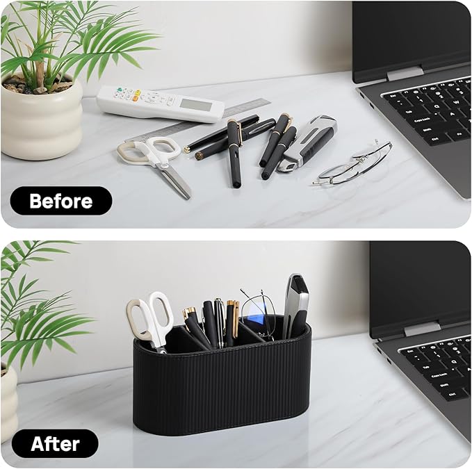 Aesthetic Remote Control Holder, PU Leather Pen Holder for Desk with 3 Compartments for Home Office Supplies and Accessories, Stylish Bedside Remote Holder Nightstand Desktop Organizer (Black)