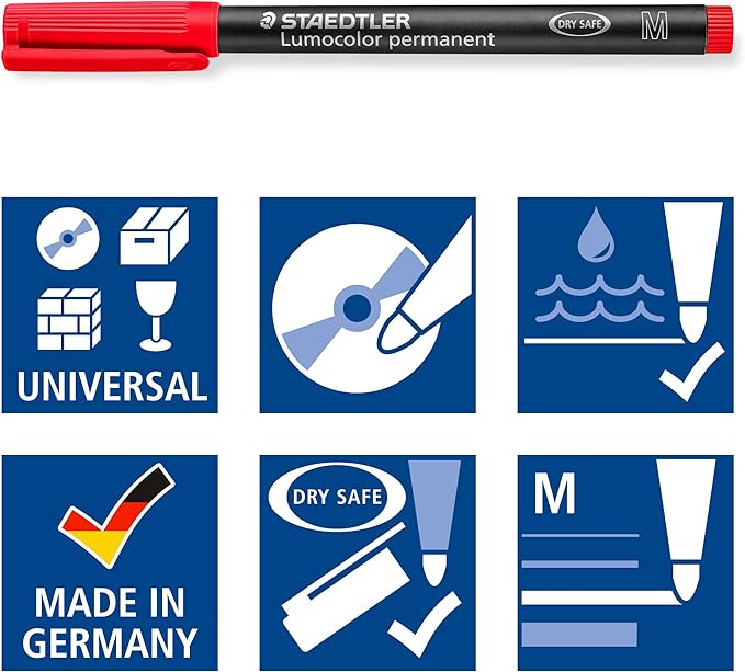 STAEDTLER Lumocolor Universal Pen, Medium, Felt Tip, Permanent Marker, Box of 6 Assorted Color Pens, 1.0mm 317 WP6