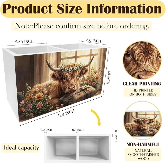 Rustic Floral Highland Cow Pen Holder for Desk, Highland Cow Gifts Pencil Organizer, Farmhouse Flower Wreath Cozy Heifer Wooden Box Sign Desk Decor for Home Office Decoration