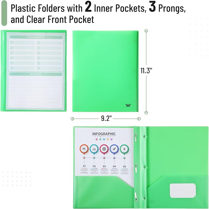 Mr. Pen- Plastic Folders with Pockets and Prongs, 24 Pack, Letter Size, Green, Flexible Plastic Folders with Prongs, Clear Front Pocket and Card Slot