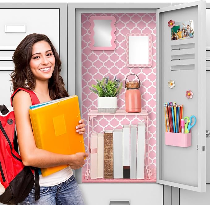 Eaasty 16 Pcs Pink Locker Accessories for Girls Locker Organizer Decorations Includes Shelf Wallpaper Magnetic Whiteboard Mirror Marker Rug Flower Magnets for Back to School Work Gym(Pink Quatrefoil)