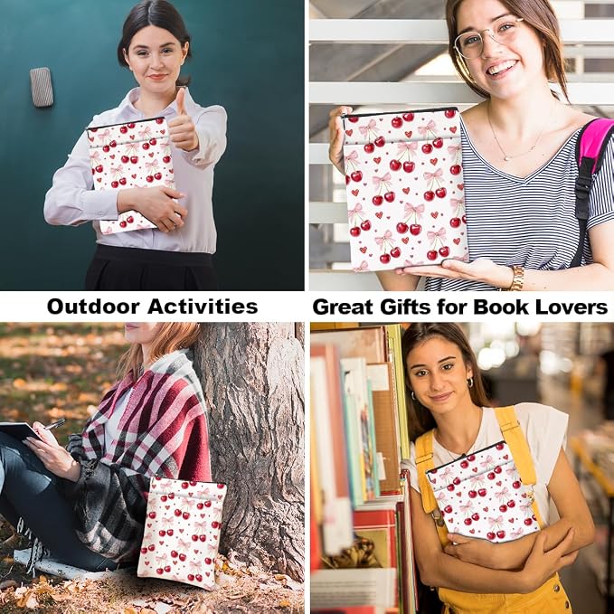 Cherry Bows Decor Book Lovers Gifts Waterproof Book Sleeve Books Pouch Books Protector with Zipper and Front Pocket Bookish Gifts Cover Case for Women Girl Friend Reader Reading Accessories