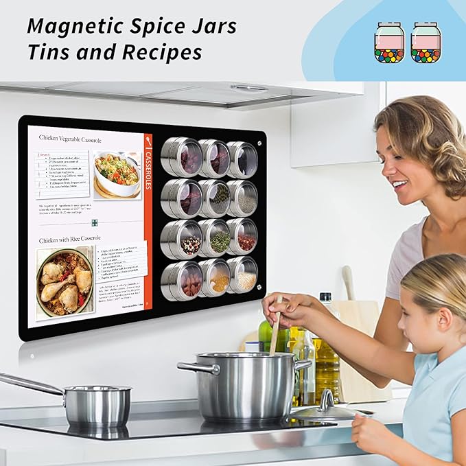 17.7" x 11.8" Black Metal Magnetic Board - Magnet Bulletin Board to Display Magnetic Letters Numbers Animal, Poetry, Spice Jars, Notes, Photos, Suitable for Wall, Refrigerator, Cubicle, Cabinet