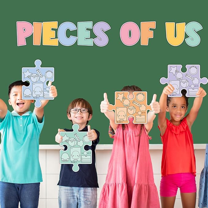 QOUBAI Pieces of Us Bulletin Board Set Puzzle Self-introduction Themed Classroom Bulletin Board Decorations All About Me Cutouts Classroom Decorations for Back to School Office Home Chalkboard Decor W
