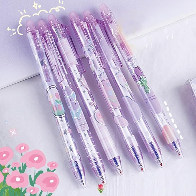 MOZXIRZ 6 Pcs Erasable Gel Ink Pens Retractable Pens Cute Flower Pen 0.5mm Fine Point Pen Office School Supplies Women Girls (Blue Ink-Tulip)