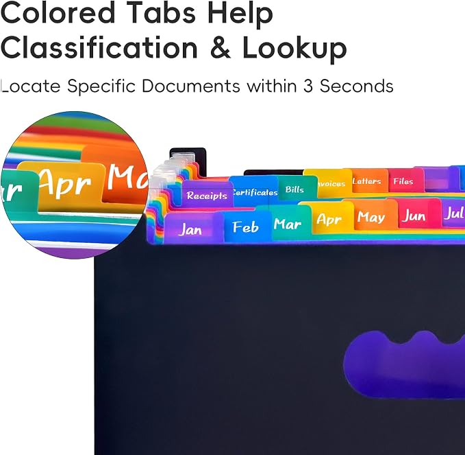 File Organizer Box with Folder, 25 Pockets Accordion File Organizer with Colored Labels, Upgraded & Portable File Folders for Home, Office, School, Dark Grey