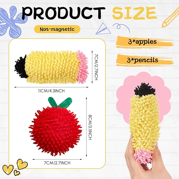 Wonderjune 6 Pcs Mini Dry Erase Erasers for Students Lap Boards Funny Apple and Pencil Shaped Washable Microfiber Shag Whiteboard Eraser for Kids Teacher Classroom Reward Gifts Decor Supplies