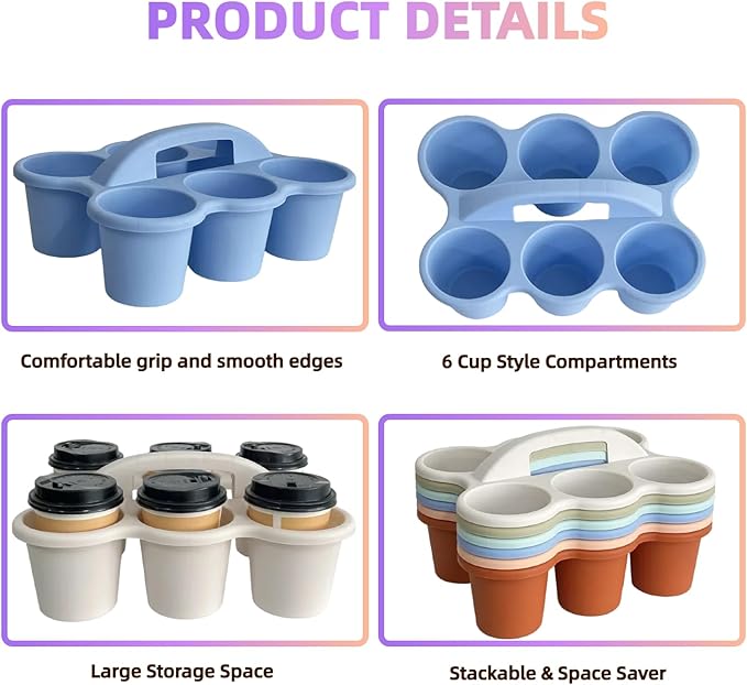 RAUVOLFIA 6 Pack Classroom Caddy Storage Basket with Handle, Plastic Drink Cup Caddy Holder, 6 Compartments for Kids, Table, Office, Arts, Crafts, Crayon, Marker, Pencil, School Supplies (Boho)