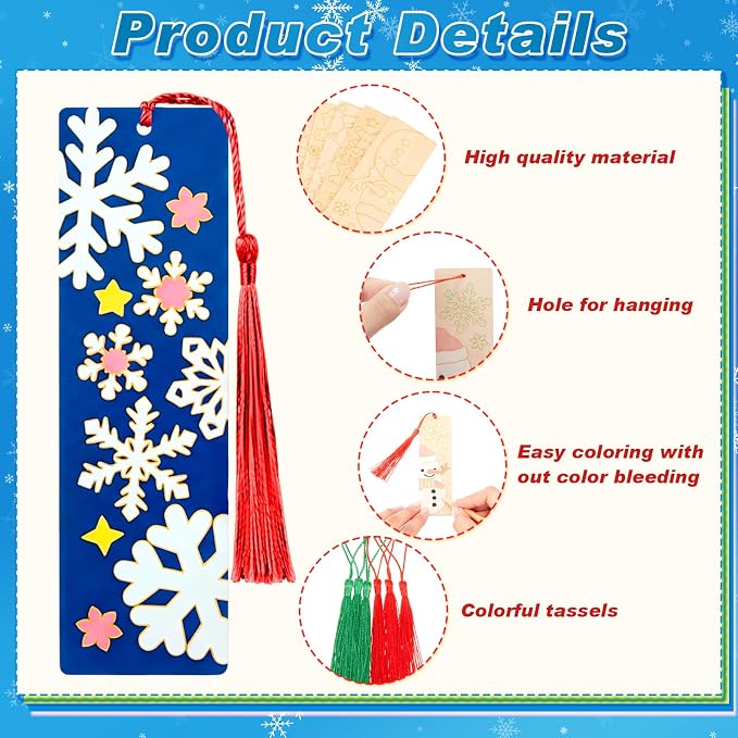 AmazingSpark 100 Pcs Winter Wood Bookmarks DIY Crafts Kit, 50 Set Christmas Color Your Own Blank Bookmarks with Tassel Santa Snowmen for Classroom Art Gifts Teacher Student Reward