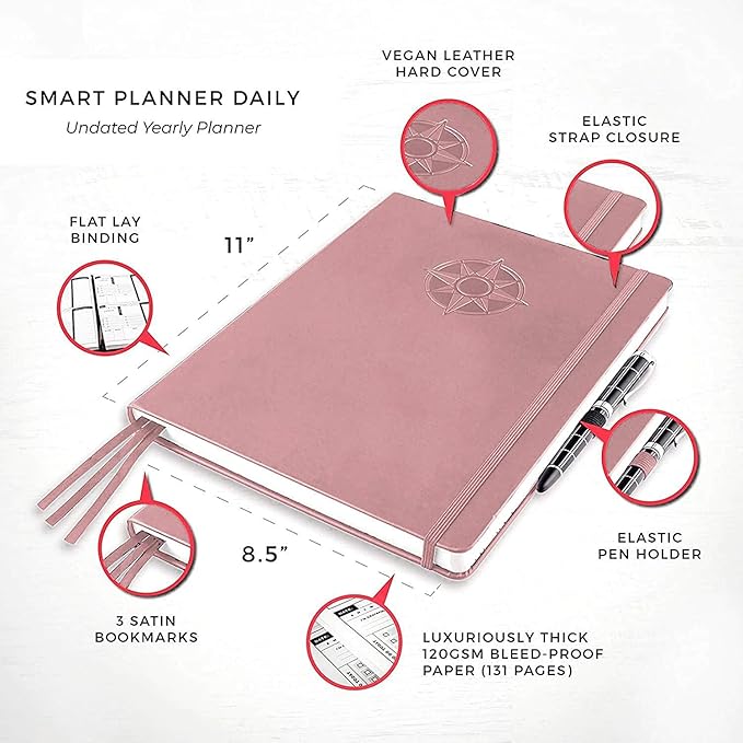 Smart Planner Daily Planner 2024 – Undated A4 Large Planner – Weekly Monthly Daily Journal Planner to Achieve Goals, Full Focus & Productivity, Time Management & Happiness - Hardcover, Leather