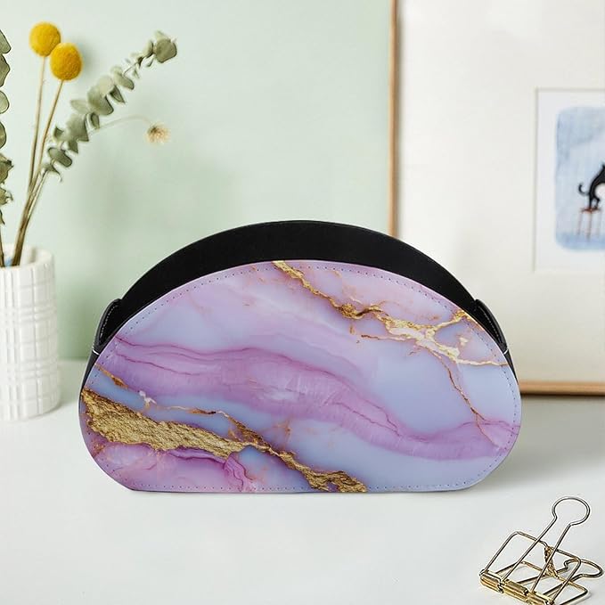 Pink Golden Veins Marble Texture Remote Control Holder with 5 Compartments Leather TV Remote Caddy Remote Storage Box Desktop Organizer for Pen/TV Remotes/Media Controllers/Office Supplies