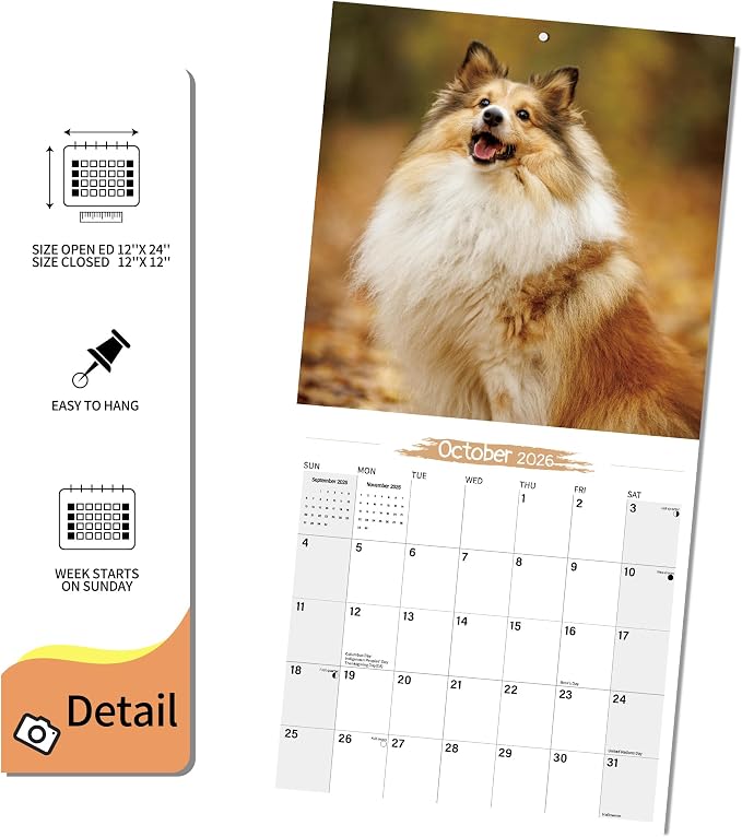 2026 Wall Calendar Shetland Sheepdog Planner Calendar, Hangable Monthly Dogs Wall Calendar with Large Blocks for Organizing & Planning, Academic Schedule, Home, Office & family, Thick & Sturdy Paper (12"x24" Open)