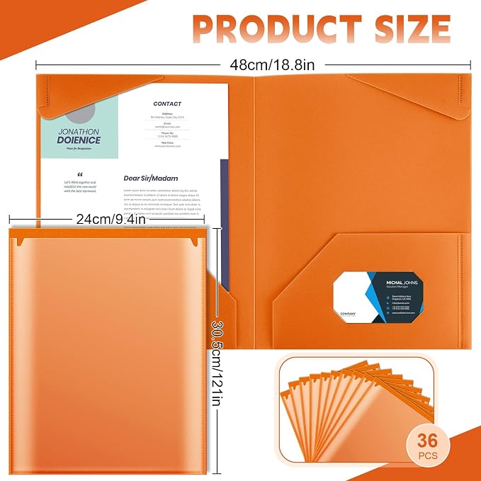 Henoyso 36 Pack Orange Plastic Folders with Clear Front Pockets Heavy Duty File Folders with 2 Pockets and Card Slot for Student Communication School Office Presentation Report