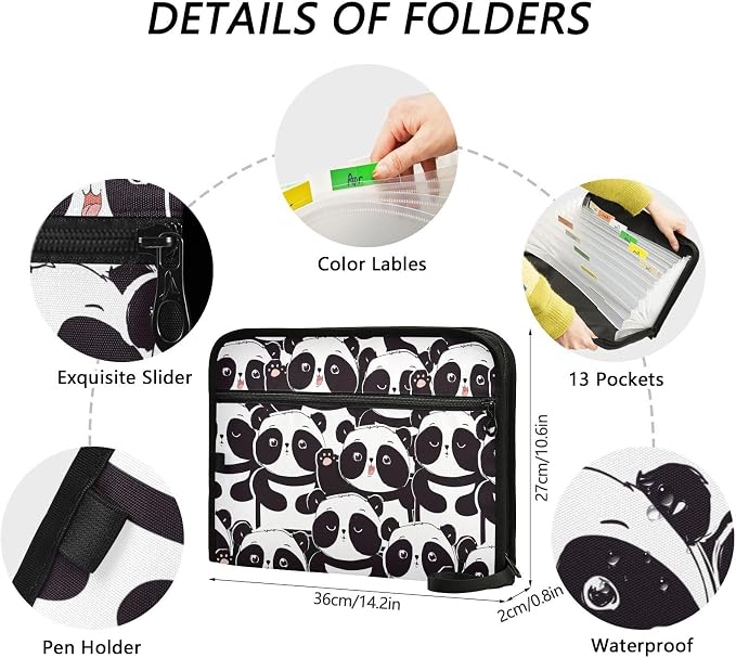 Pattern Panda Bear File Folders, Plastic Folders with 13 Pockets, Expandable File Folder for Documents School Students Office, Aesthetic Folder with Labels A4 Letter Size