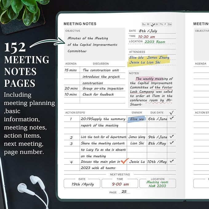 JUBTIC Meeting Notebook for Work with Action Items, Leather Project Planner Meeting Notes Notebook, Work Planner Agenda Organizer for Women Men Office/Business Supplies,160 Pages (5.8”x8.3") - Dark