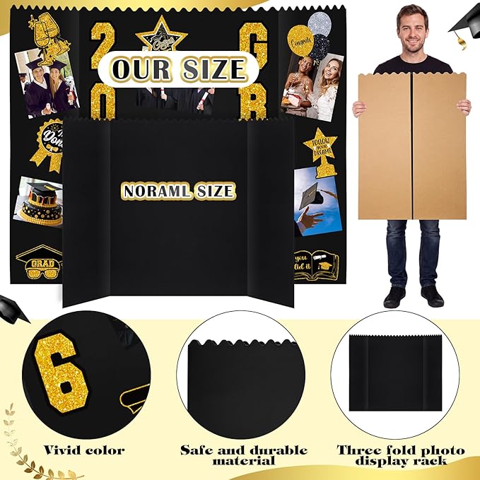 AmazingSpark 2 Sets Graduation Photo Display Board Trifold Poster Board with 12 Graduation Themed Stickers for 2026 Grad Party Decoration Picture Collage Frame Supplies (40 x 28,Black Gold)