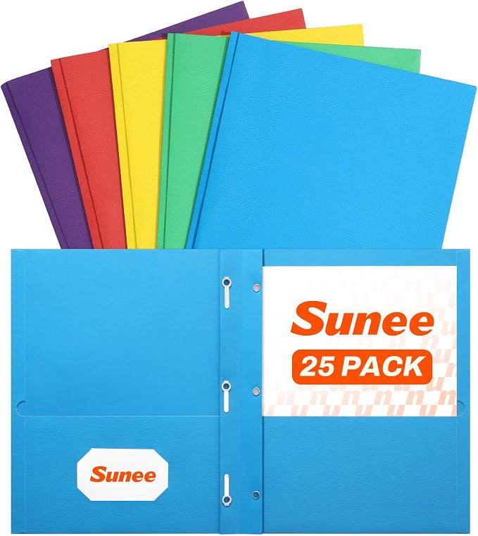 SUNEE 2 Pocket Folders with Prongs (25 Pack, Assorted Colors), Paper Folders with 2 Pockets and 3 Prongs Fit Letter Size Paper, Folders with Prongs for School Office Home Business