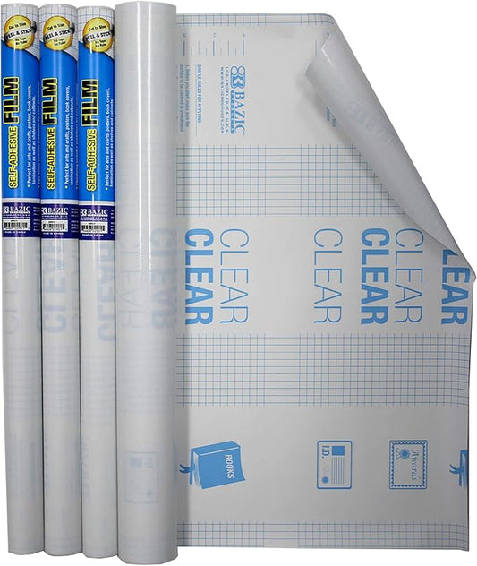 BAZIC Products Clear Self-Adhesive Book Cover Roll, 17.5 in x 5 ft, Clear Peel-and-Stick Film, for Textbooks School Books, 4 Pack