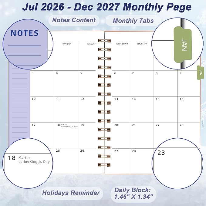 Daily Planner 2026-2027, 2026 Planner Weekly and Monthly, Jul 2026-Dec 2027, 18 Month Calendar Planner Book with Tabs Sticker, A5 Size, Pink